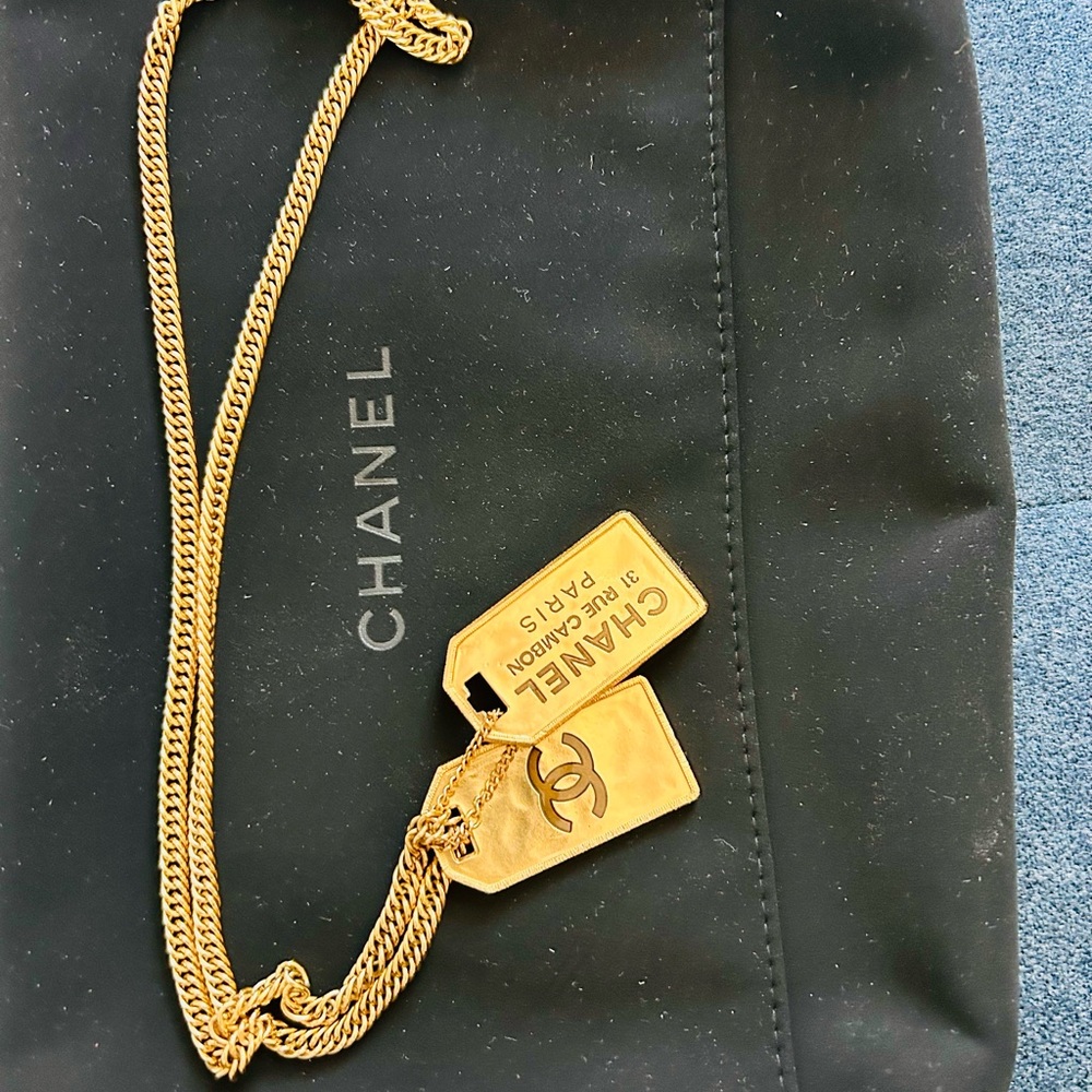 Chanel Gold Chain Necklace with Logo Tags